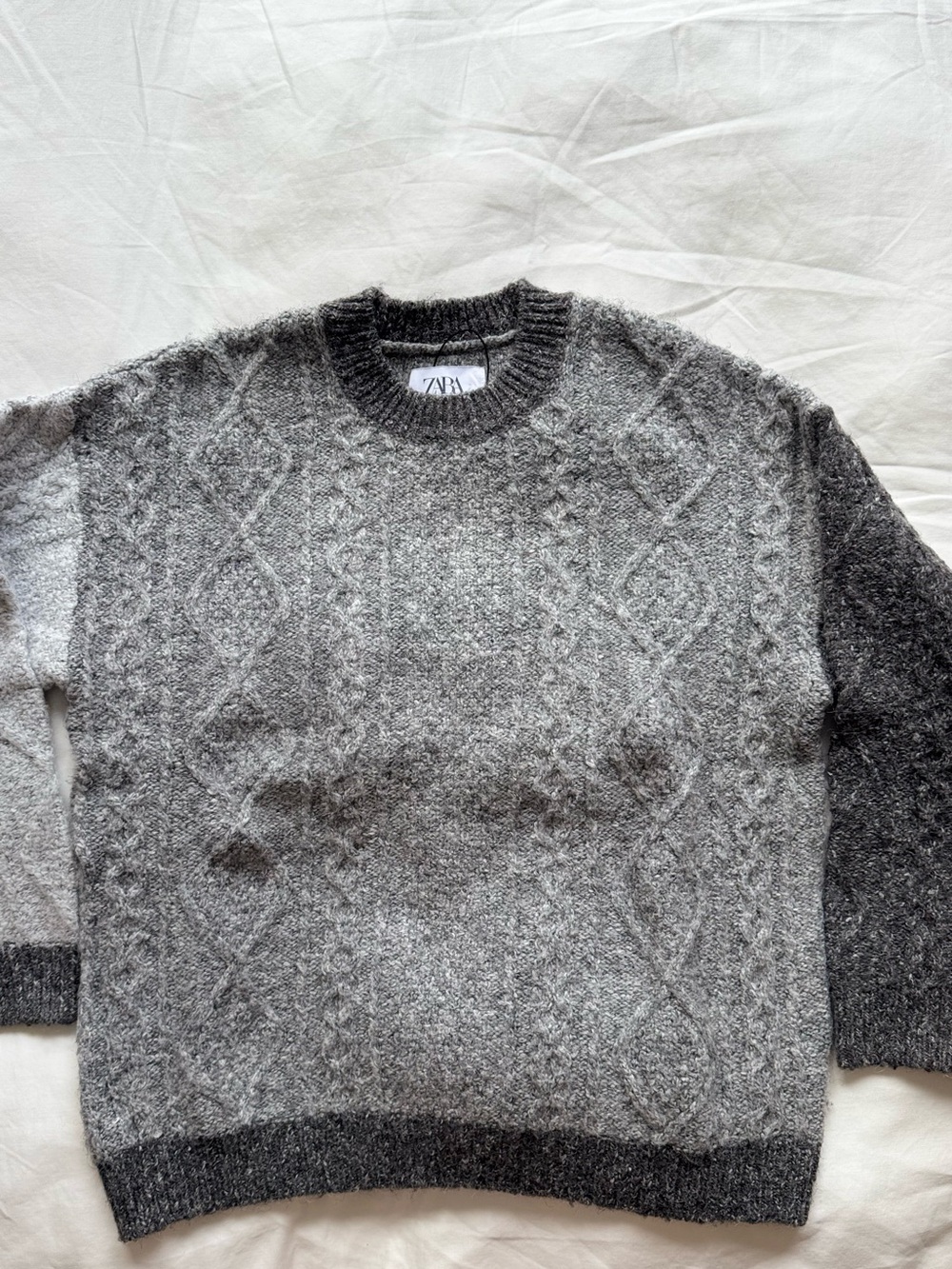 ZARA Men’s Heathered Gray Cable-Knit Crewneck Sweater